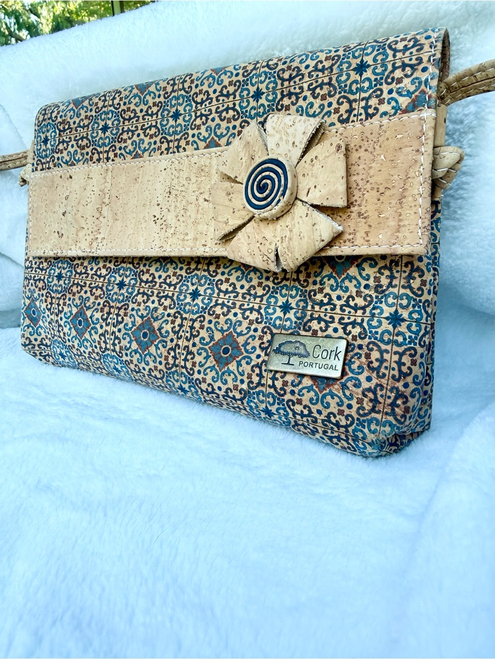 Blue Tile Print Crossbody Bag with Bow Detail